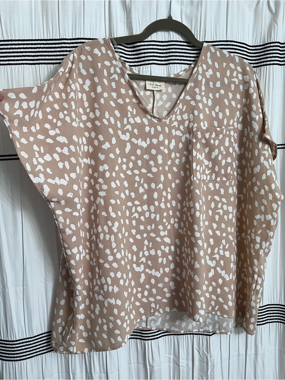 143 Story by Line Up Tan w/ White Dalmatian Print V-Neck Blouse
